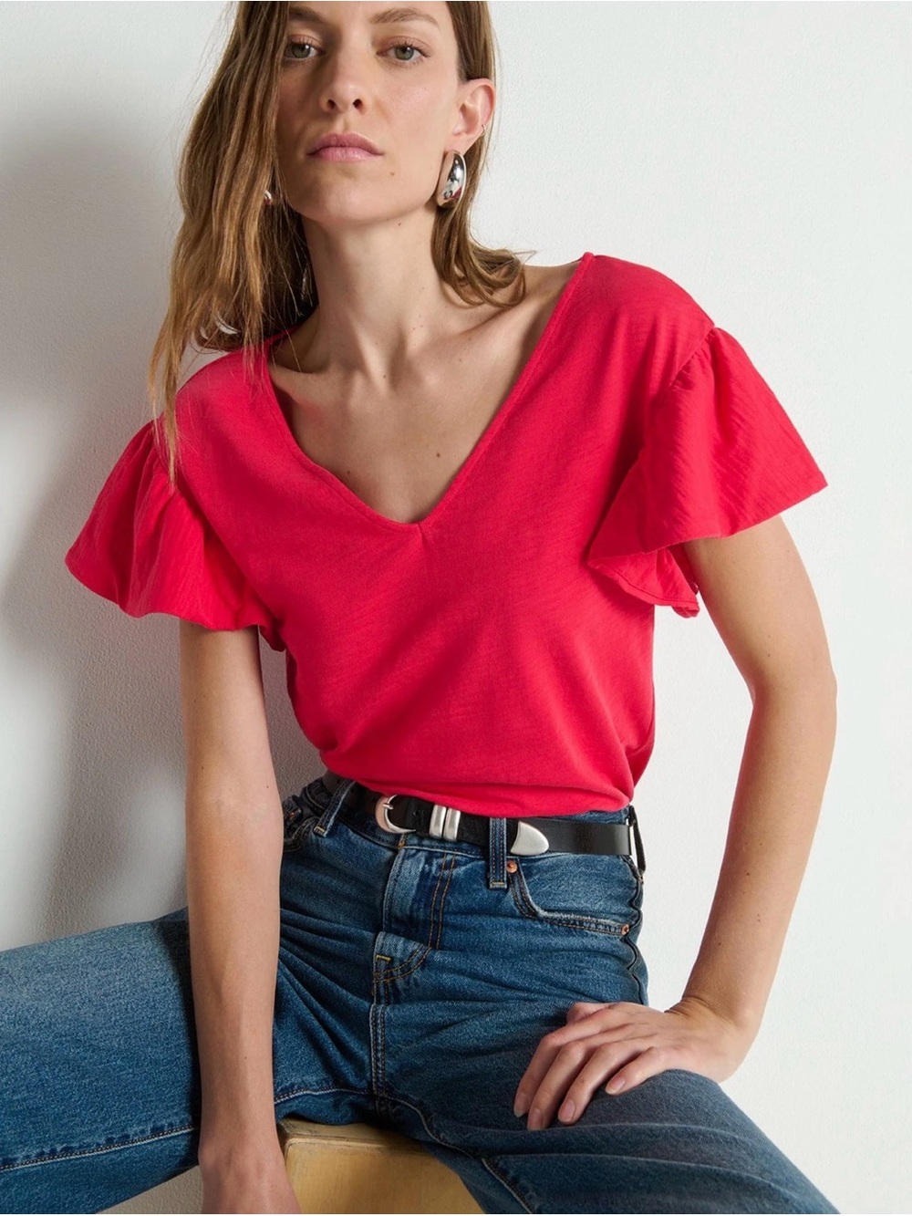 Nation LA Emmy V-Neck Flutter Sleeve Top - Cherry Tarte